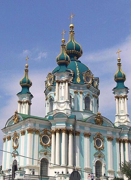 The Baroque Saint Andrew's Church in the Podil neighborhood of Kyiv was designed by the famous architect Bartolomeo Rastrelli and constructed between 1747 and 1754. It is reputed to stand on the site where in the first century A.D. Saint Andrew planted a cross and prophesied that a great Christian city would one day rise.