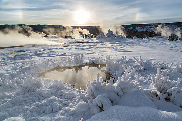 Parhelion (sundogs) and rime ice at the Upper Geyser Basin in December 2015 at Yellowstone National Park. A parhelion is an atmospheric optical phenomenon that consists of a bright spot to one or both sides of the sun; rime ice forms when supercooled liquid water droplets freeze onto surfaces. Image courtesy of the US National Park Service/Neal Herbert.