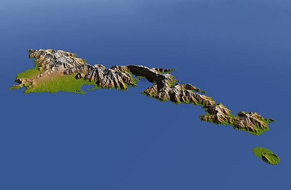 The topography of Tutuila, largest of the islands of American Samoa, is distinctively shown in this color-coded perspective view generated with digital elevation data from the space. Two visualization methods were combined to produce the image: shading and color coding of topographic height. The total area of Tutuila is about 142 sq km (55 sq mi), slightly larger than San Francisco. The large bay near the center in this view is Pago Pago Harbor, actually a submerged volcanic crater whose south wall collapsed millions of years ago. Adjacent to the harbor is Pago Pago, the capital of American Samoa, and to the left (west) of the harbor in this view is Matafao Peak, Tutuila's highest point at 653 m (2,142 ft). Image courtesy of NASA/JPL/NGA.