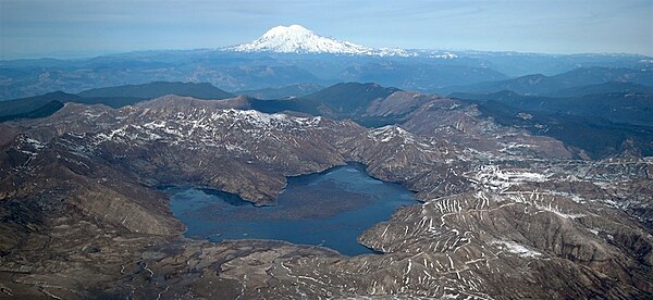 Mount Rainier in the state of Washington as seen from the crater rim of Mount St. Helens, overlooking Spirit Lake. Photo courtesy of the USGS.