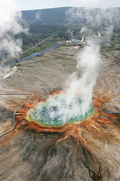 Grand Prismatic Spring in Yellowstone National Park is the largest hot spring in the US, and the third largest in the world. The vivid colors in the spring are the result of microbial mats around the edges of the mineral-rich water. Image courtesy of the US National Park Service/Jim Peaco.