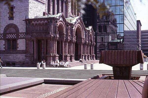 The facade of Trinity Church in Boston Massachusetts vividly displays many details of the Richardsonian Romanesque style.