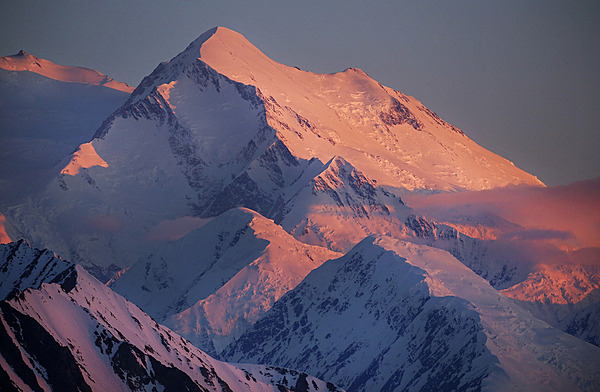 Spectacular view of the peak of Denali bathed in alpenglow during sunset at midnight on 14 June 2019. Photo courtesy of the US National Park Service/ Emily Mesner.