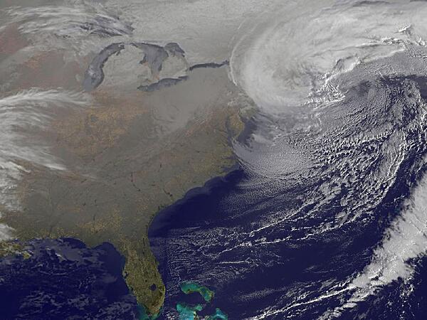 On 9 February 2013, two low pressure systems came together directly over New England. The resultant giant nor'easter created blizzards from Massachusetts to New York. Image courtesy of NASA.