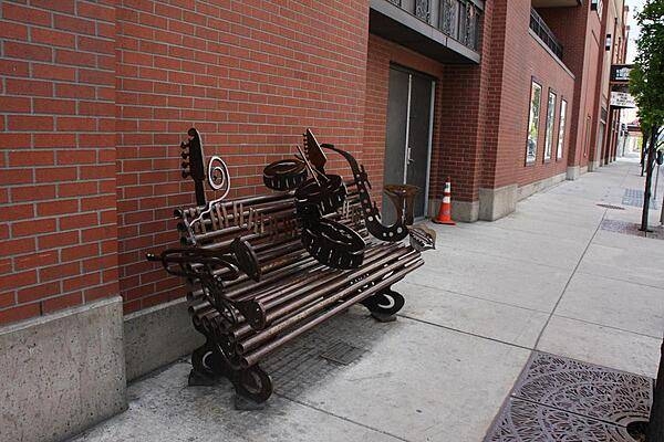 Music instrument sculptures represent Spokane's vibrant music legacy.
