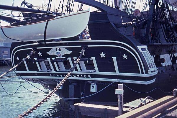 The stern of the frigate USS Constitution docked at Pier 1 of the Charleston Navy Yard (Boston).