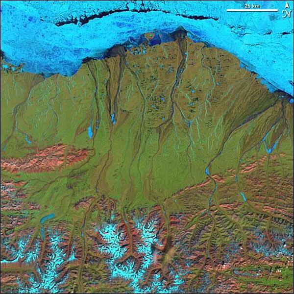 Along the northern Arctic shores of Alaska, ice, snow, and cold dominate the landscape, even on a sunny day in June. This false-color satellite image shows electric blue ice and snow, the green vegetation of the hardy plants and mosses of the tundra, the deep blue of flowing rivers and open ocean, and pink-hued outcrops of bare, rocky ground. The tundra runs the length of northern Alaska and is known as the North Slope. Only a surface "active layer" of the tundra thaws each season; most of the soil is permanently frozen year-round. On top of this permafrost, water flows to sea via shallow, braided streams or settles into pools and ponds. Along the bottom of the image, the rugged terrain of the Brooks Range Mountains is snow-covered in places (blue areas) and exposed (pink areas) in others. The sea is not surrendering to approaching summer. Along the coast, fast ice still clings to the shore in a solid, frozen sheet. Image courtesy of NASA.