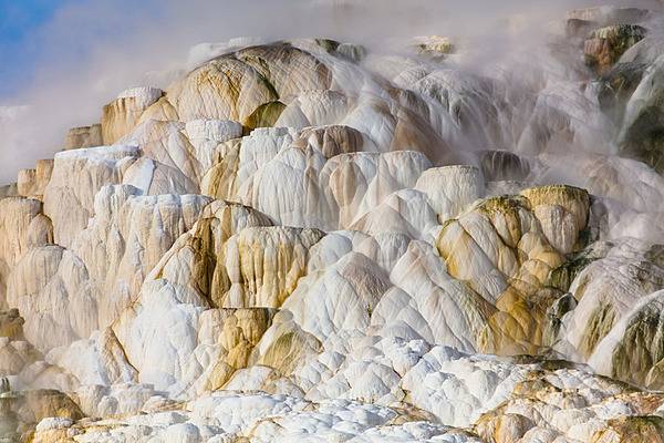 Closeup of travertine terraces colored orange, brown, and pink by thermophiles (simple microorganisms that thrive in hot water). Image courtesy of the US National Park Service/ Jacob W. Frank.