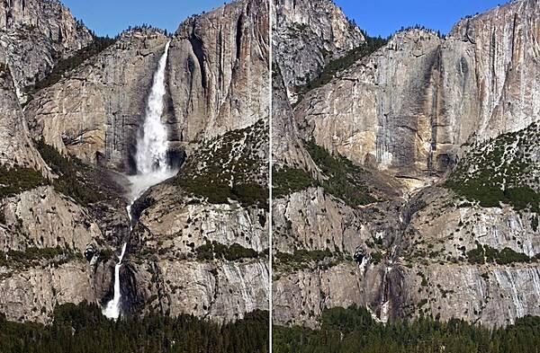 Yosemite Falls generally peaks in late spring (left), during the snowmelt pulse, and dries up in late summer (right), before fall storms arrive. Images courtesy of the US National Park Service/Greg Stock.