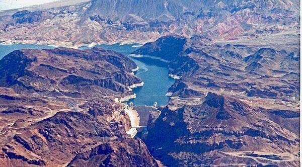 Completed in 1935, Hoover Dam on the Colorado River straddles the Arizona-Nevada border.