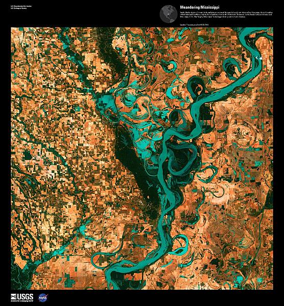 Small, blocky shapes of towns, fields, and pastures surround the graceful swirls and whorls of the Mississippi River shown in this false-color satellite image. Countless oxbow lakes and cutoffs accompany the meandering river south of Memphis, Tennessee, on the border between Arkansas and Mississippi. The "Mighty Mississippi" is the largest river system in North America. Image courtesy of USGS.