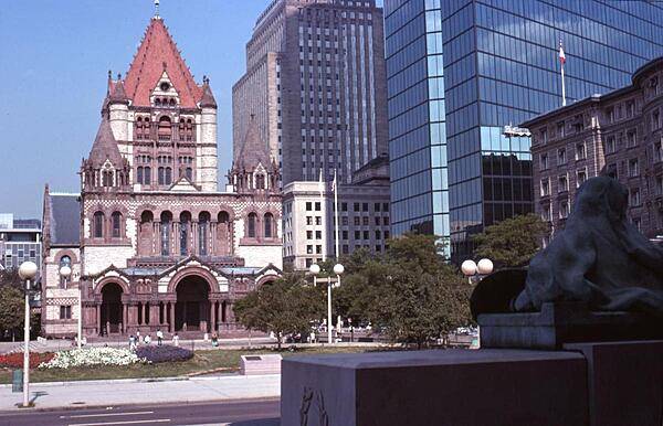 Built between 1872 and 1877, Trinity Church in Boston Massachusetts is the archetype of the Richardsonian Romanesque style (named after the architect), which is characterized by rough stone, heavy round-headed arches (often springing from clusters of short squat columns), clay roof tiles, and a massive tower. Trinity Church has been honored as one of the "Ten Most Significant Buildings in the United States"; it was designated a National Historic Landmark in 1970.