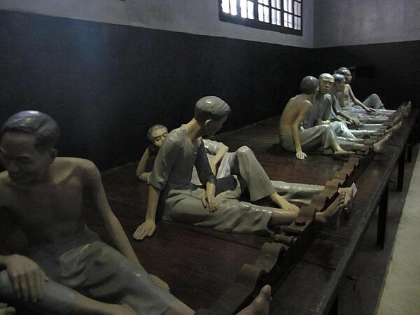 Exhibit showing how political prisoners were punished in the Maison Centrale or Central Prison in Hanoi. Built by the French beginning in 1886, it was used to imprison Vietnamese political prisoners and later by the Vietnamese to hold mostly US pilots during the Vietnamese War. It was referred to sarcastically as the "Hanoi Hilton" by US POWs and later in the US press. The prison was torn down in the mid-1990s and only the Gate House remains.