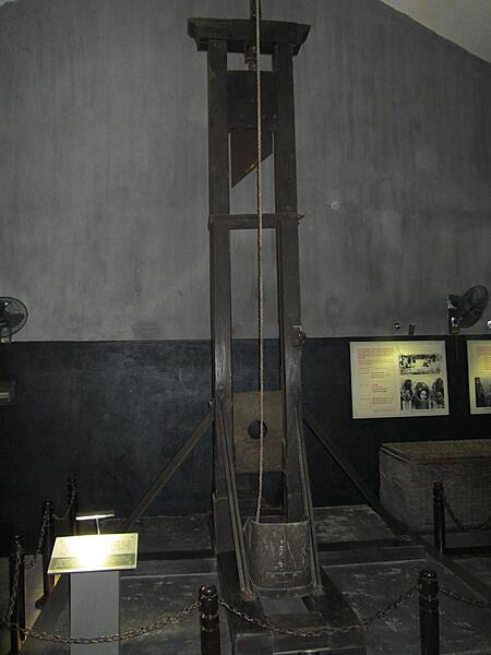 Guillotine used to execute prisoners in the Maison Centrale or Central Prison in Hanoi. Built by the French beginning in 1886, it was used to imprison Vietnamese political prisoners and later by the Vietnamese to hold mostly US pilots during the Vietnamese War. It was referred to sarcastically as the "Hanoi Hilton" by US POWs and later in the US press. The prison was torn down in the mid-1990s and only the Gate House remains.