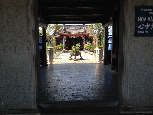 The Chinese Assembly Hall in the historic district (Old Town) of Hoi An. The area is recognized as an exceptionally well-preserved example of a Southeast Asian trading port dating to between the 15th-19th centuries; its buildings and street plan reflect a blend of indigenous and foreign influences.