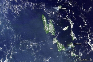 A higher-resolution view of the previous Vanuatu Archipelago image showing the two active volcanoes of Gaua and Ambrym. Vanuatu's two major islands of Espiritu Santo (top) and Malakula (bottom) appear in the center of the image. Photo courtesy of NASA.